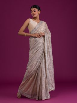 Koskii - Beige Mirror Work Net Designer Saree with Unstitched Blouse