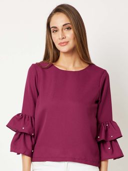 Miss Chase - Women's Magenta Round Neck Solid Pearl Detailing Frilled Layered Ruffled Top