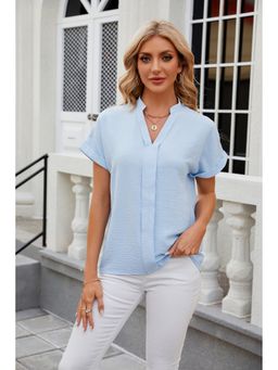 Outzidr - Light Blue Upfold Hem Mandarin Collar Front Button Top