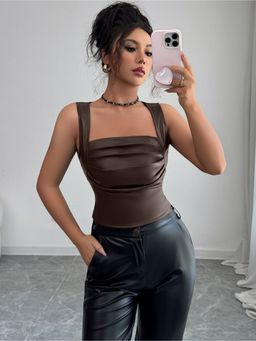 Outzidr - Brown Shoulder Strap Square Neck Top