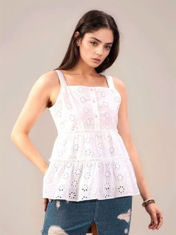 Outzidr - White Shoulder Strap Front Buttoned Top