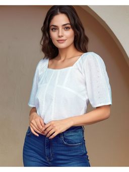 Outzidr - White Puff Print Schiffli Top