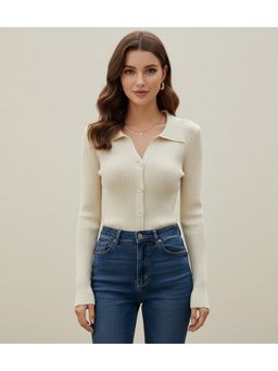 Outzidr - Cream Collared Knit Top