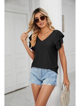 Outzidr - Black Flare Sleeves V-Neck Top