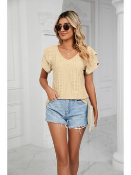 Outzidr - Cream Flare Sleeves V-Neck Top