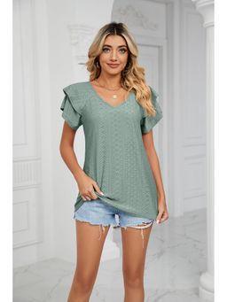 Outzidr - Sea Green Flare Sleeves V-Neck Top
