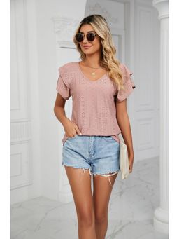 Outzidr - Nude Flare Sleeves V-Neck Top