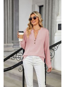 Outzidr - Pink Full Sleeves V-Neck Top