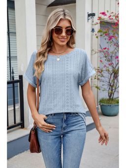 Outzidr - Blue Short Sleeve Round Neck Top