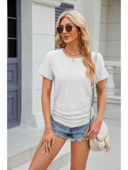 Outzidr - White Short Sleeves Round Neck Side Ruched Top