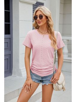 Outzidr - Pink Short Sleeves Round Neck Side Ruched Top