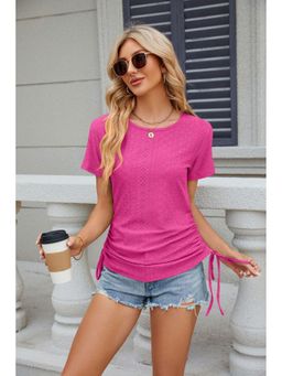 Outzidr - Fuchsia Short Sleeves Round Neck Side Ruched Top
