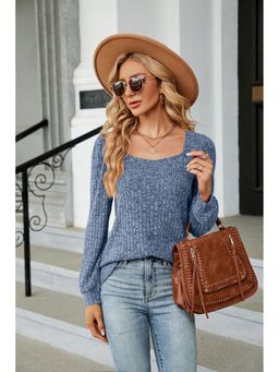 Outzidr - Blue Full Sleeves Square Neck Top