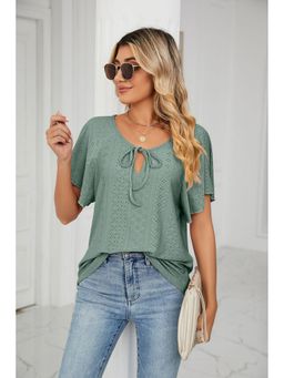 Outzidr - Green Flared Sleeves Tie Up Top