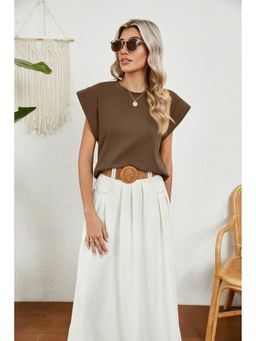 Outzidr - Brown Short Sleeves Round Neck Top