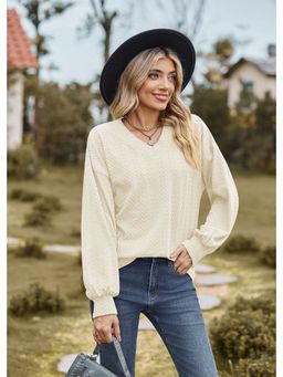Outzidr - Cream Bishop Sleeve V-Neck Top