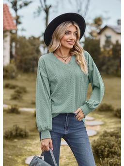 Outzidr - Sea Green Bishop Sleeve V-Neck Top