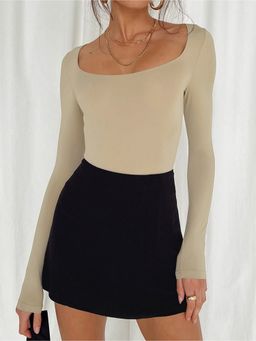 Outzidr - Beige Scoop Neck Fitted Ribbed Top