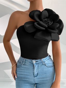 Outzidr - Black One Shoulder Flower Attached Top