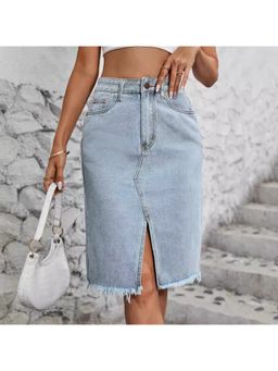 Outzidr - Light Blue Knee Denim Skirt With Slit