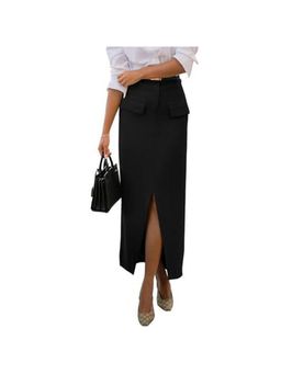 Outzidr - Black Pencil Fit Skirt With Front Pockets