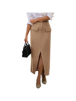 Outzidr - Khaki Pencil Fit Skirt With Front Pockets