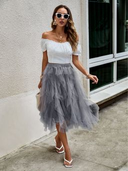Outzidr - Grey Sheer Solid Ruffled Skirt