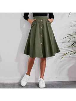 Outzidr - Green High Waist Front Buttoned Skirt