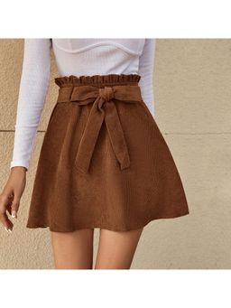 Outzidr - Brown Waist Tie-Up Short Skirt with Belt
