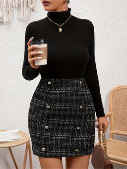 Outzidr - Black Mini Yarn Dyed Tweed Skirt With Embossed Buttons