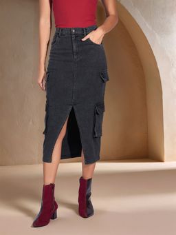 Outzidr - Black High Waist Front Slit Denim Skirt