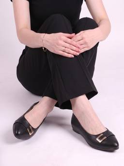 DENILL - Black Women's Leather Ballerina with Gold Buckle