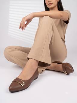 DENILL - Brown Women's Leather Ballerina with Gold Buckle