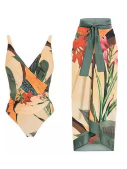 WomanLikeU - Printed Padded Monokini With Sarong - Multi-color (Set of 2)