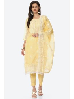Biba - Yellow Kota Embroidered Unstitched Suit (Set of 3)