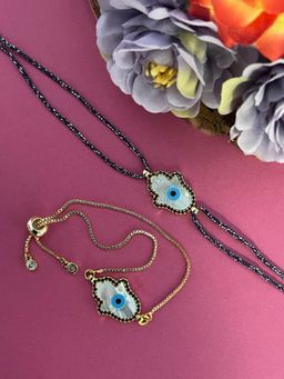 Digital Dress Room - Ad Studded Hamsa Evil Eye Rakhi Thread & Bracelet for Brother-Bhabhi (Pack of 2)