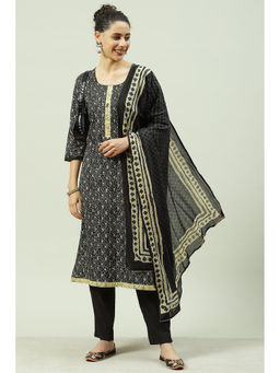Biba - Black Cotton Unstitched Suit (Set of 3)