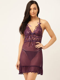 Sweet Dreams - Purple Solid Semi-Sheer Net Baby Doll with Thong (Pack of 2)
