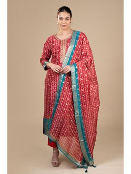 House Of Dharaa - Red Kurta with Pant and Dupatta (Set of 3)