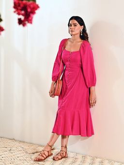 MoonTara - Fuchsia Cotton A Line Midi Dress