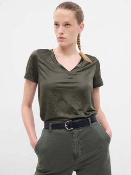 GAP - Olive Women's Solid V-Neck T-Shirt