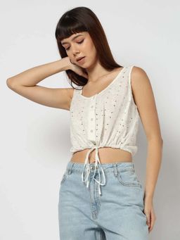 GAP - Off White Women's Schiffli Embroidered Fitted Cinched Crop Top