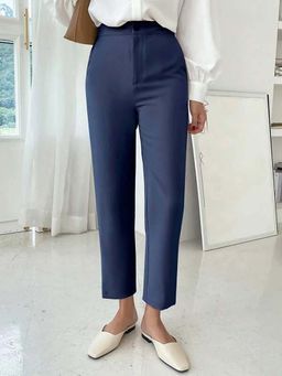 Fnocks - Navy Blue Women's High-Waisted Trousers