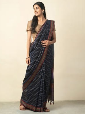 Indian Vintage Blue & Green Sarees Pure Cotton Block Printed Sari 5yd Sewing Craft Fabric DressMaking Soft Crafting Quilting Upcycle main image 0