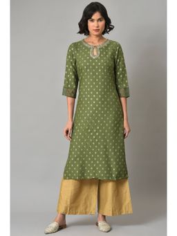 W - Green Geometric Kurta-Parallel Pant (Set of 2)