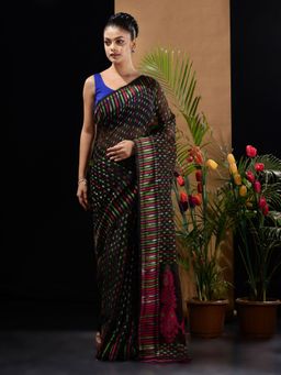 CHARUKRITI - Black Handwoven Saree with Woven Buttas & Ethnic Designs