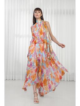 MANDIRA WIRK - Hibiscus Printed Dress with High Neck Tie-Up
