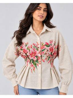 Twenty Dresses by Nykaa Fashion - Beige Lily Floral Printed Pleated Shirt