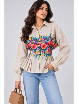 Twenty Dresses by Nykaa Fashion - Beige Blue Lily Floral Printed Pleated Shirt