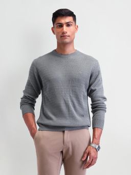 Arrow - Self Design Grey Full Sleeves Crew Neck Sweaters